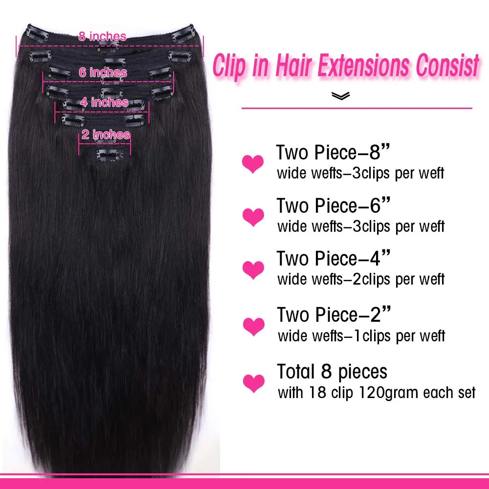 Straight Human Hair Clip in Hair Extensions for Women 100% Unprocessed Full Head Brazilian Virgin Hair Natural Black Color,8/Pcs with 18Clips,120 Gram (16inch, Straight hair)