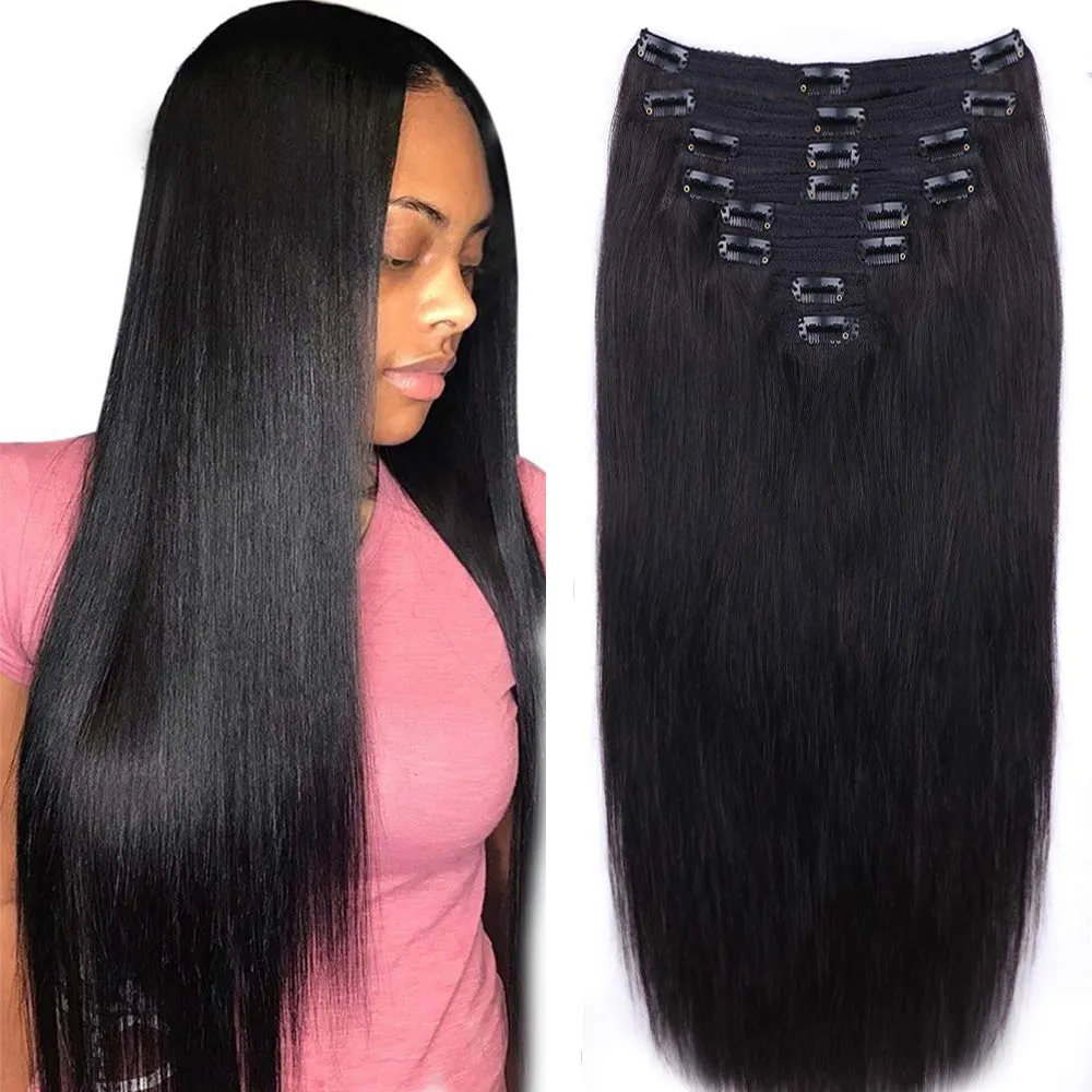 Straight Human Hair Clip in Hair Extensions for Women 100% Unprocessed Full Head Brazilian Virgin Hair Natural Black Color,8/Pcs with 18Clips,120 Gram (16inch, Straight hair)