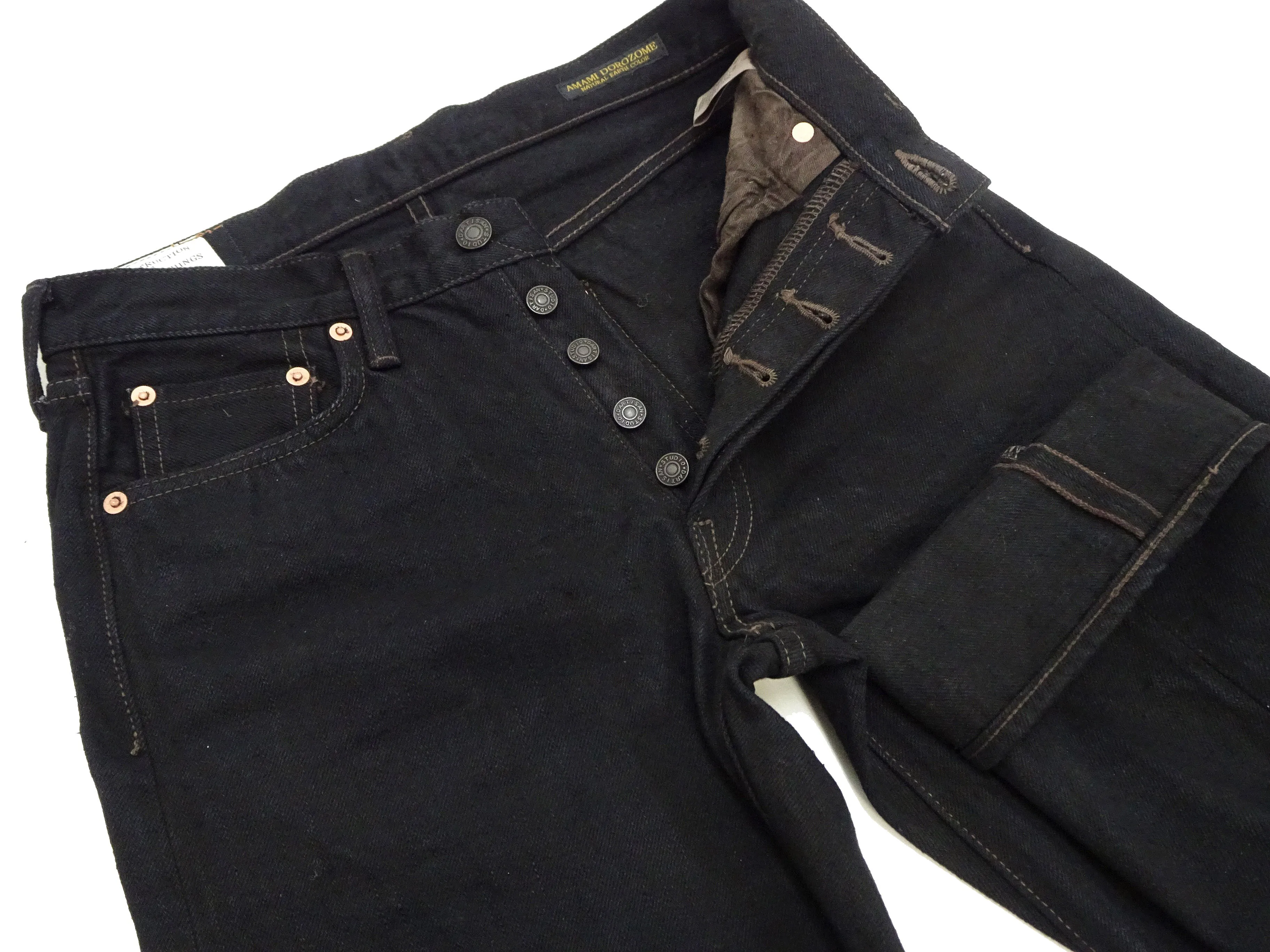 Studio D'artisan Mud-Dyed Black Denim Jeans Men's Regular Straight Fit Button-Fly 18oz. Amami Dorozome Selvedge Denim Pants SP-120 One-Wash
