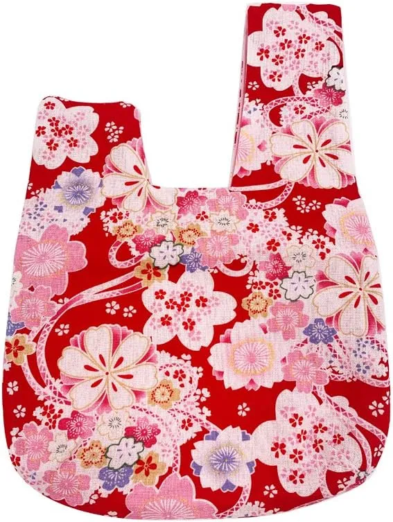 Stylish Cotton Japanese Pattern Wrist Bag Sleeve Knot Pouch Portable Canvas Tote Purse for Female, Women