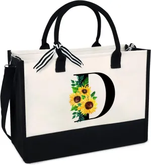 Sunflower Tote with Zipper Pocket, 13oz Monogram Tote Bags for Women, Birthday, Christmas, Teacher Gifts