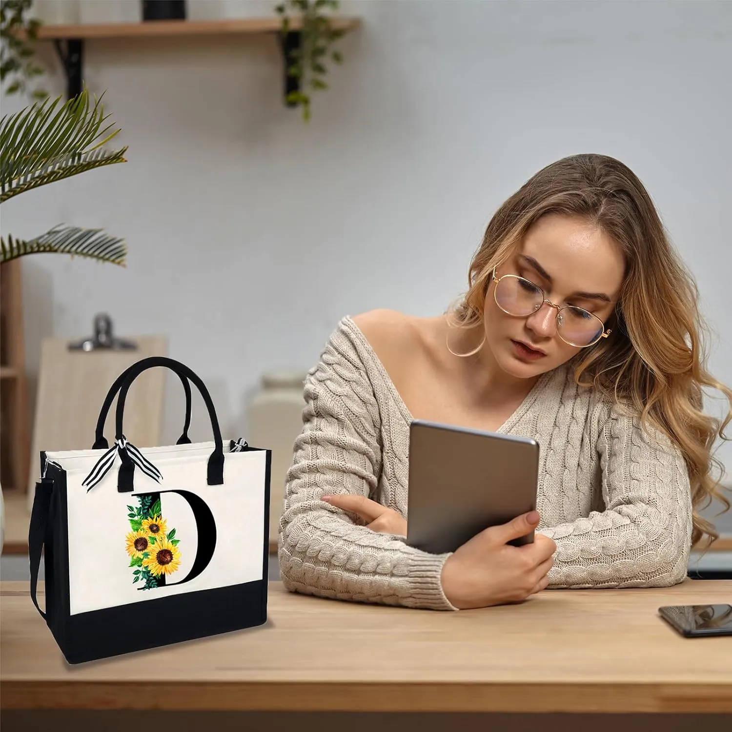 Sunflower Tote with Zipper Pocket, 13oz Monogram Tote Bags for Women, Birthday, Christmas, Teacher Gifts