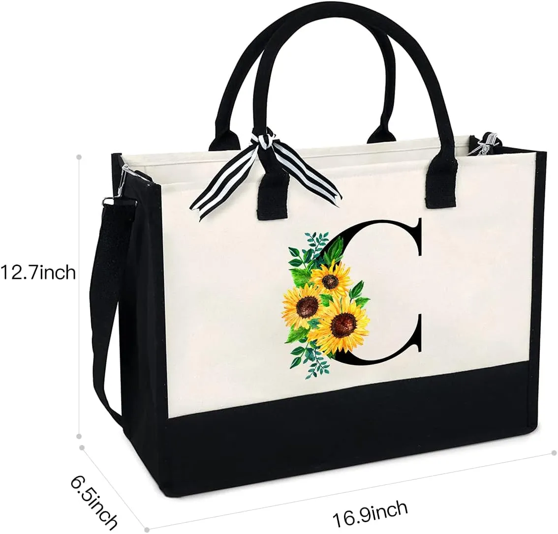 Sunflower Tote with Zipper Pocket, 13oz Monogram Tote Bags for Women, Birthday, Christmas, Teacher Gifts