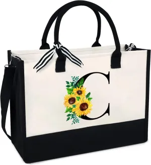 Sunflower Tote with Zipper Pocket, 13oz Monogram Tote Bags for Women, Birthday, Christmas, Teacher Gifts
