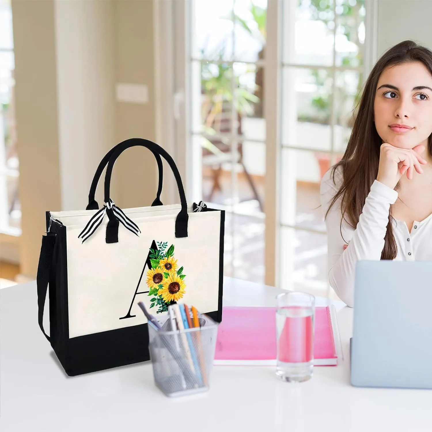 Sunflower Tote with Zipper Pocket, 13oz Monogram Tote Bags for Women, Birthday, Christmas, Teacher Gifts