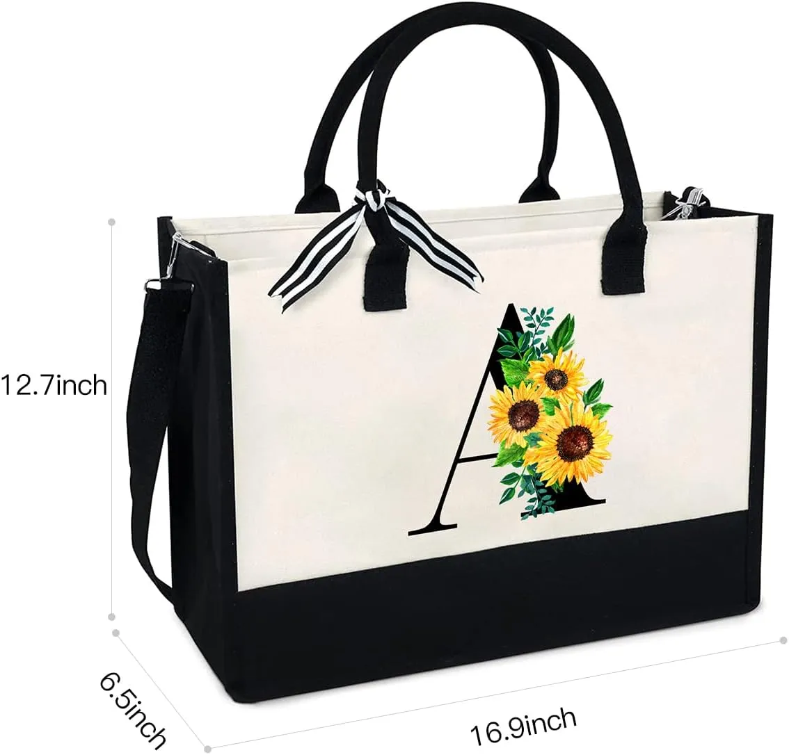 Sunflower Tote with Zipper Pocket, 13oz Monogram Tote Bags for Women, Birthday, Christmas, Teacher Gifts