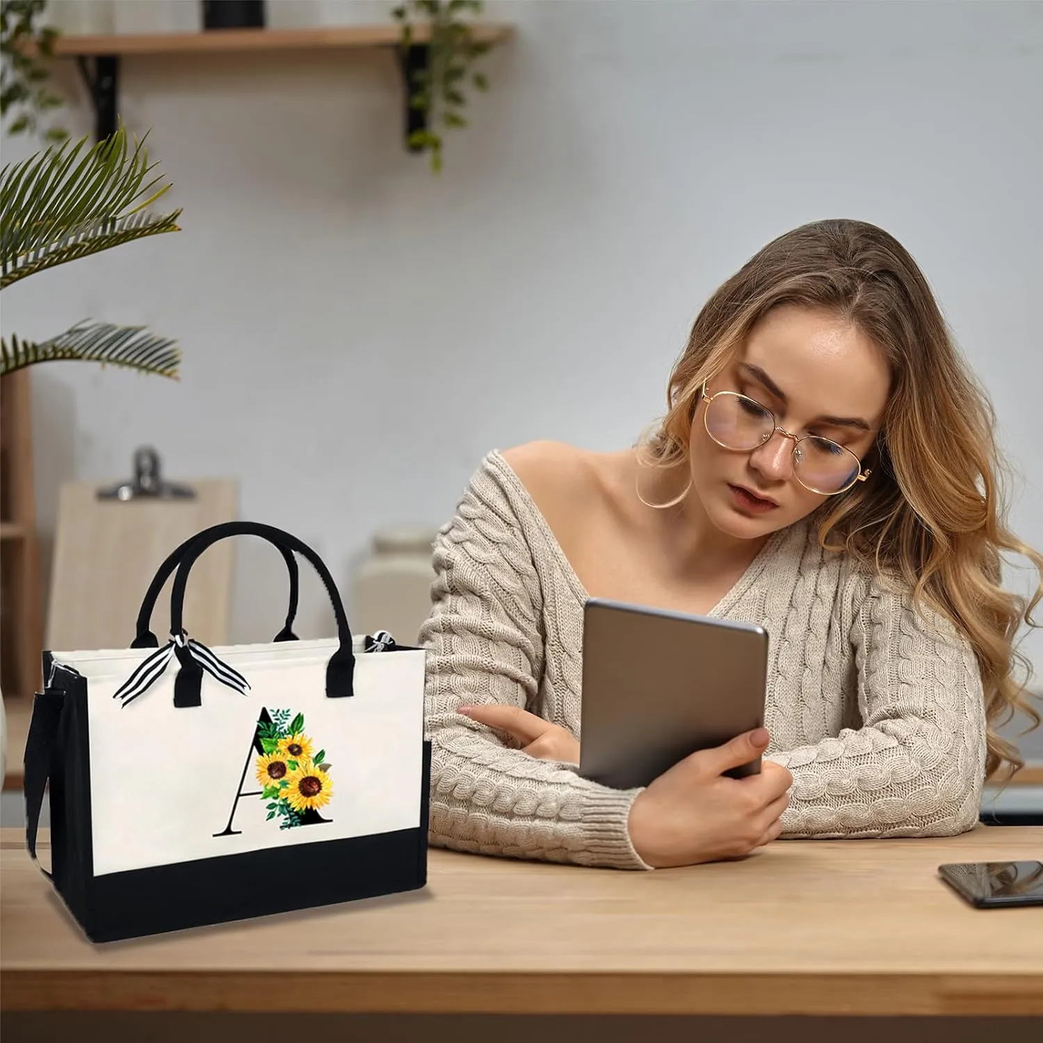 Sunflower Tote with Zipper Pocket, 13oz Monogram Tote Bags for Women, Birthday, Christmas, Teacher Gifts