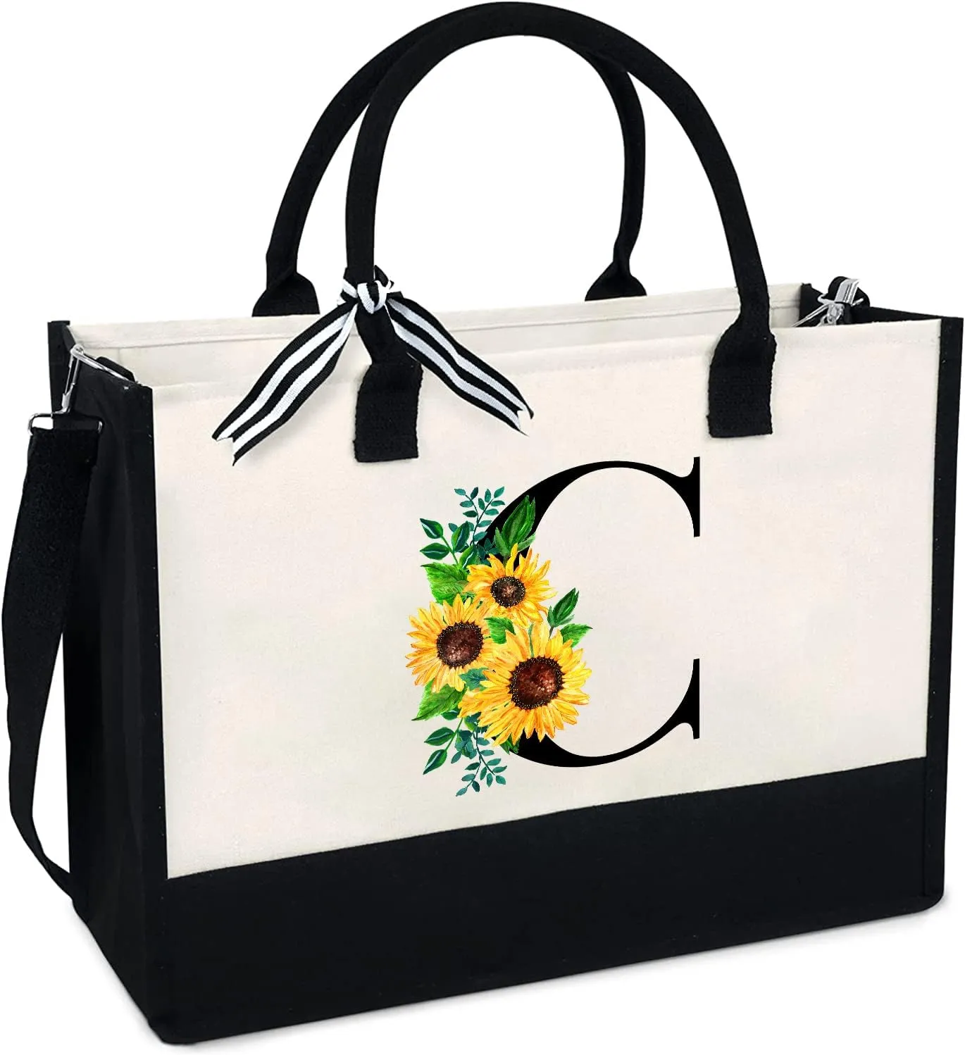 Sunflower Tote with Zipper Pocket, 13oz Monogram Tote Bags for Women, Birthday, Christmas, Teacher Gifts