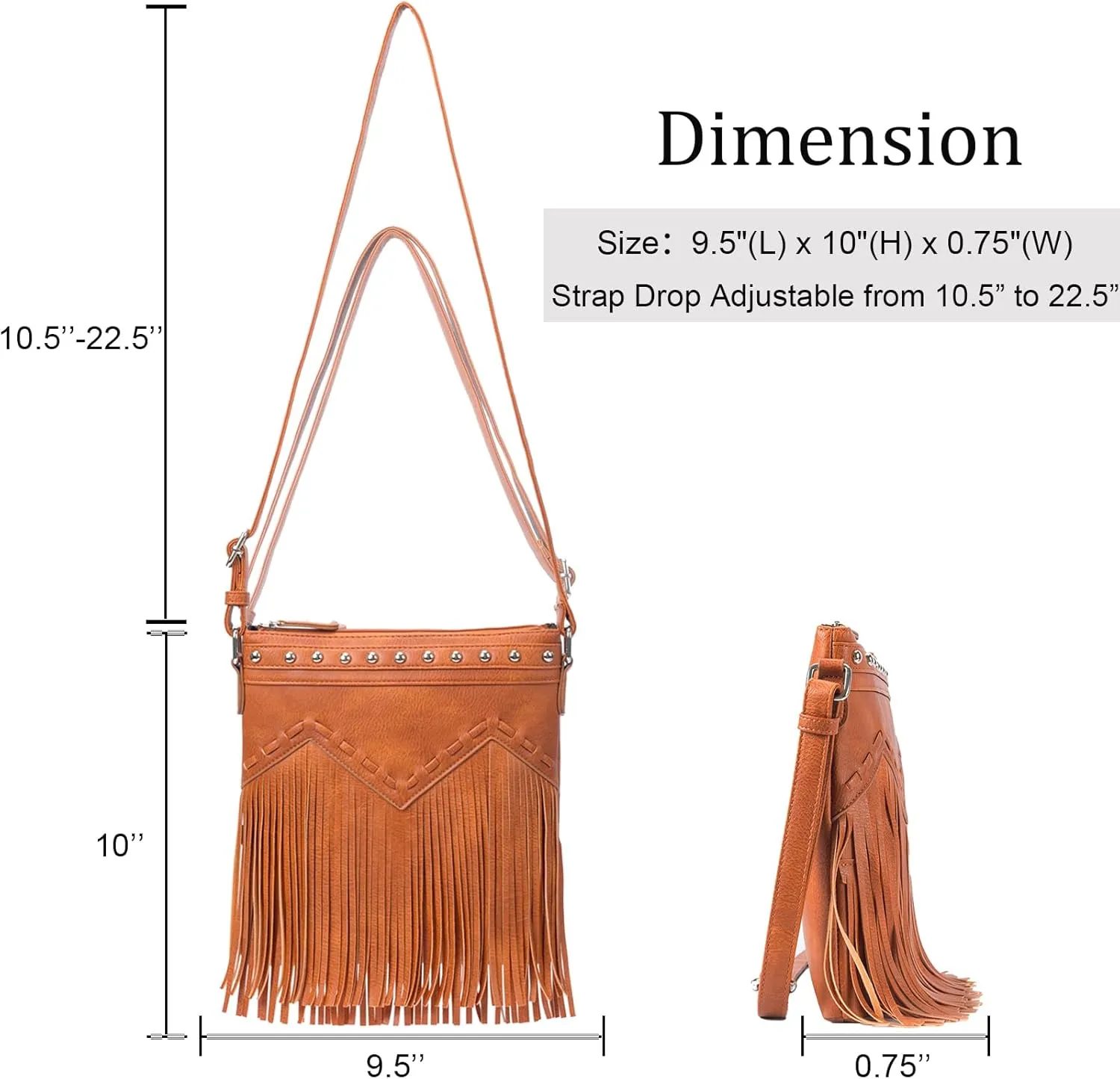 Sunwel Fashion Fringe Crossbody Bag with Rivets Western Purse Vegan Leather Tassel Shoulder Crossbody Bag for Women