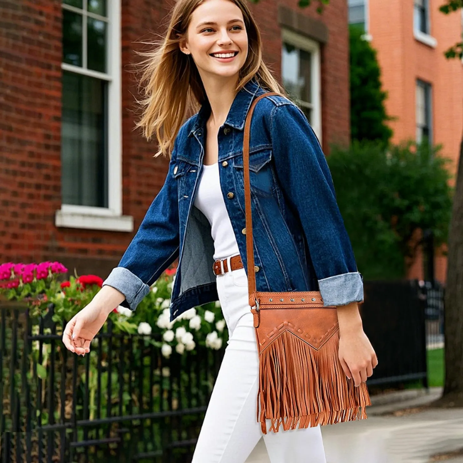 Sunwel Fashion Fringe Crossbody Bag with Rivets Western Purse Vegan Leather Tassel Shoulder Crossbody Bag for Women