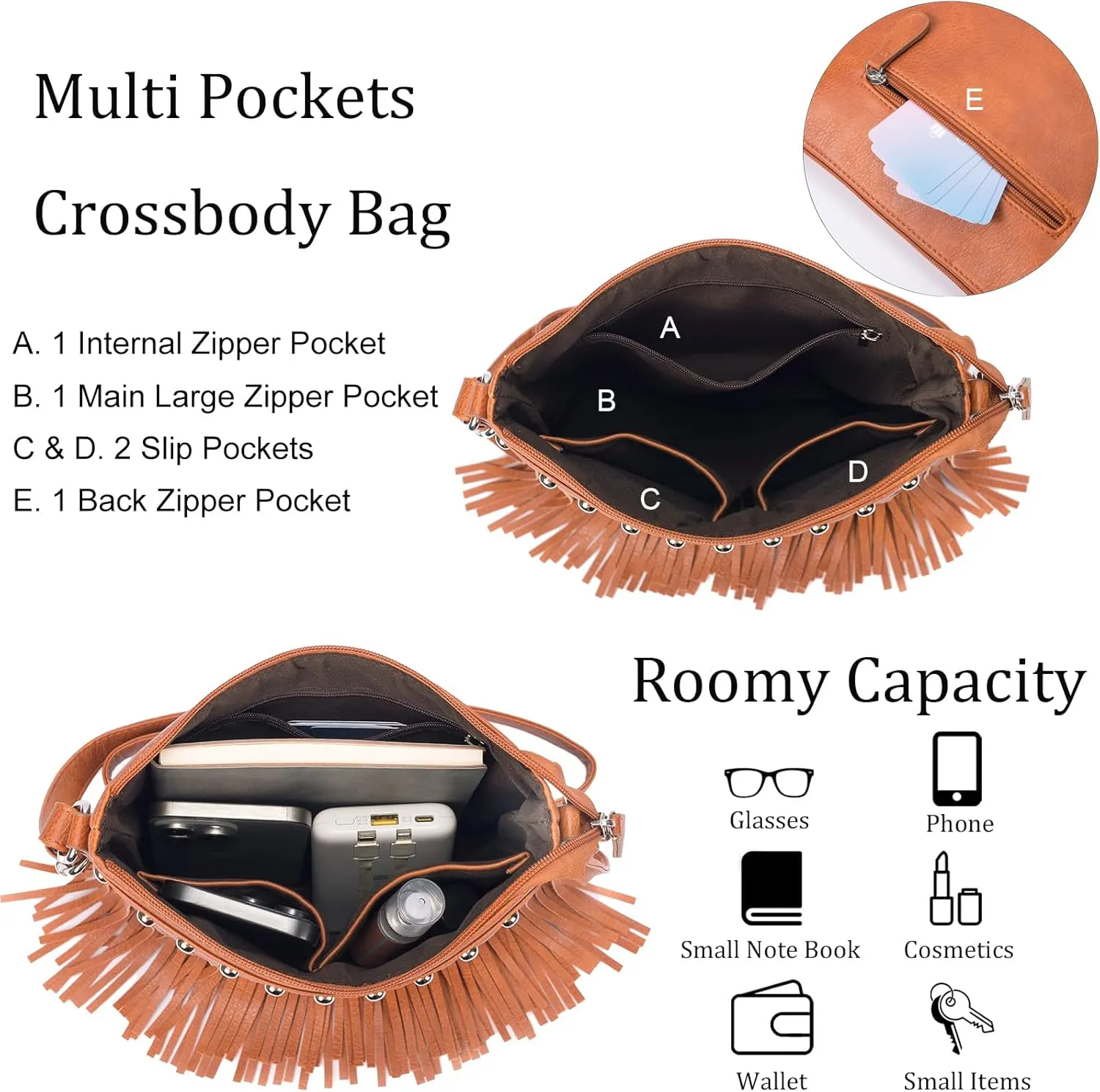 Sunwel Fashion Fringe Crossbody Bag with Rivets Western Purse Vegan Leather Tassel Shoulder Crossbody Bag for Women