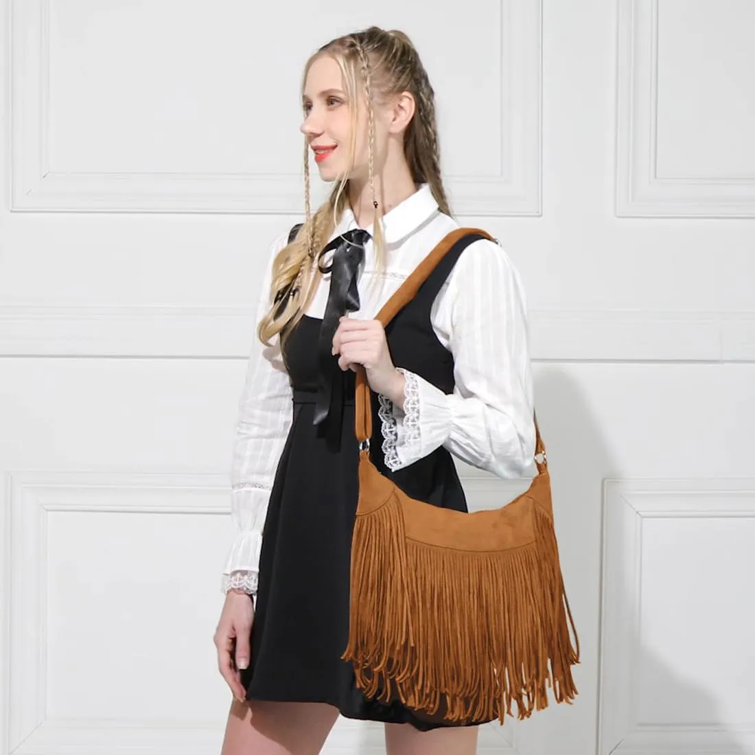 Sunwel Fashion Women Fringe Hobo Bag Western Purse Shoulder Bag Vegan Suede Tassel Hippie Crossbody Bag