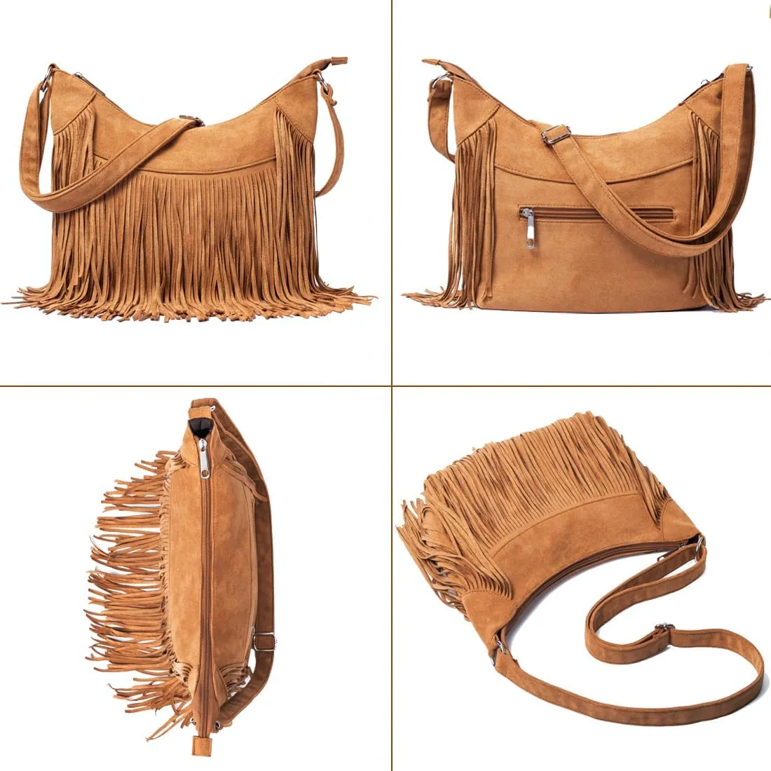 Sunwel Fashion Women Fringe Hobo Bag Western Purse Shoulder Bag Vegan Suede Tassel Hippie Crossbody Bag