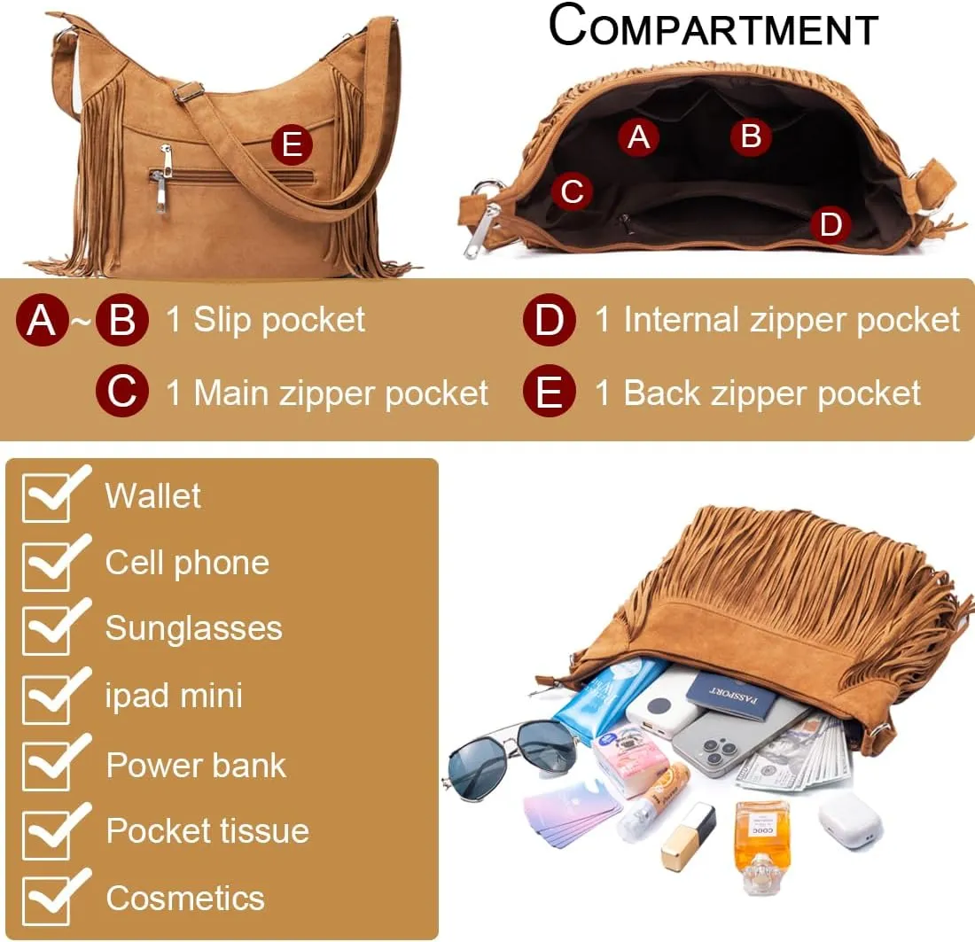 Sunwel Fashion Women Fringe Hobo Bag Western Purse Shoulder Bag Vegan Suede Tassel Hippie Crossbody Bag