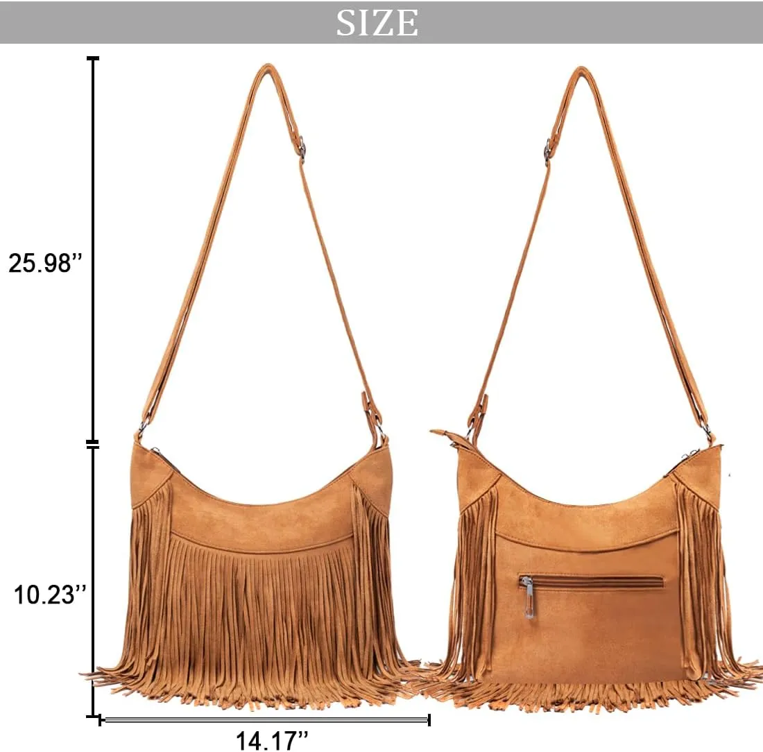 Sunwel Fashion Women Fringe Hobo Bag Western Purse Shoulder Bag Vegan Suede Tassel Hippie Crossbody Bag