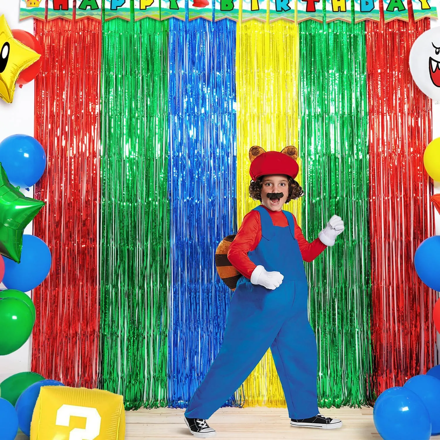 Super Bros Birthday Party Decoration, 2 Pack Red Green Blue Yellow 3.3 x 6.6ft Foil Fringe Curtains Tinsel Photo Booth Props Streamers Backdrop for Video Game Mario Theme Birthday Party Supplies
