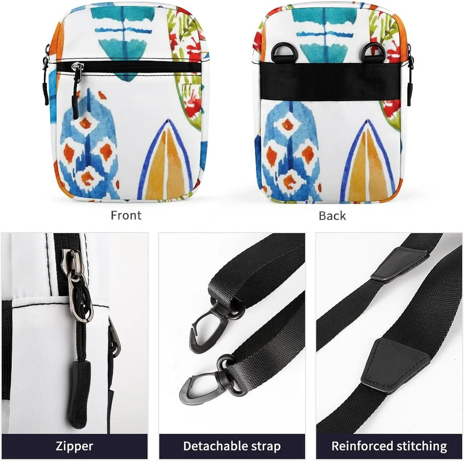 Surfing Floral Surfing Boards Seamless On White Adjustable Fanny Waist Pack Pouch, Waterproof Crossbody Runners Bag Wallet for Gym Hiking Fitness Women Men 6.1 x 2.2 x 7.9 inch