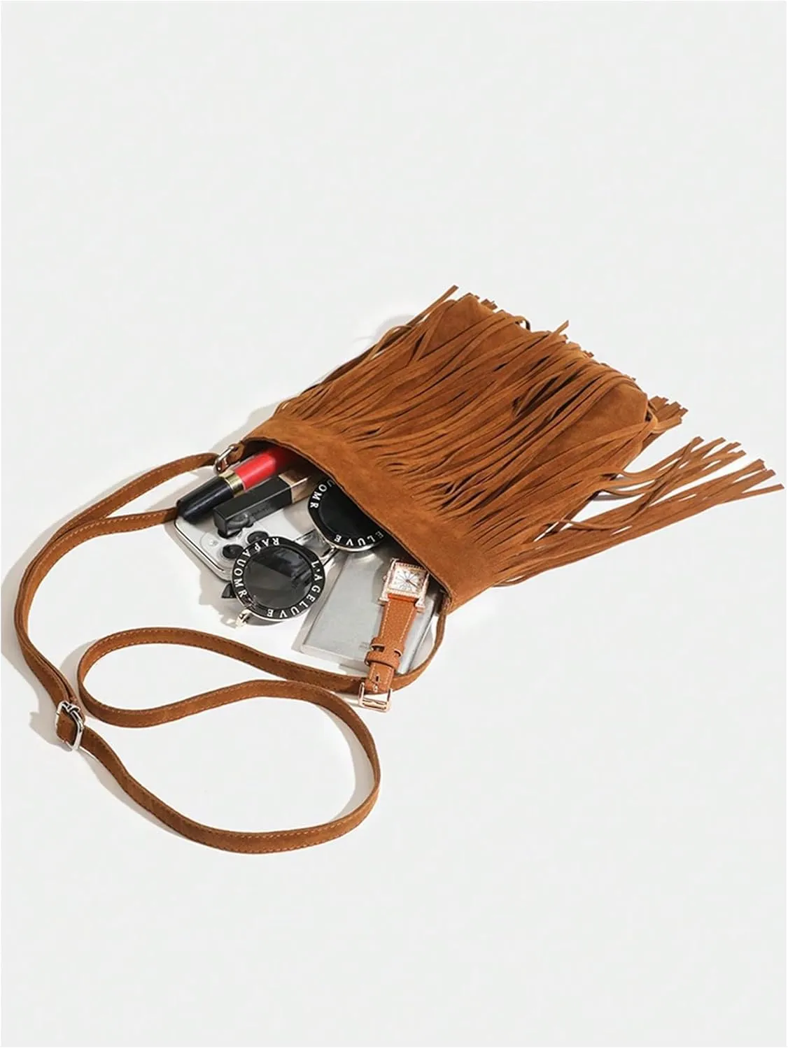 SweatyRocks Women's Tassel Boho Small Suede Crossbody Bag with Adjustable Strap
