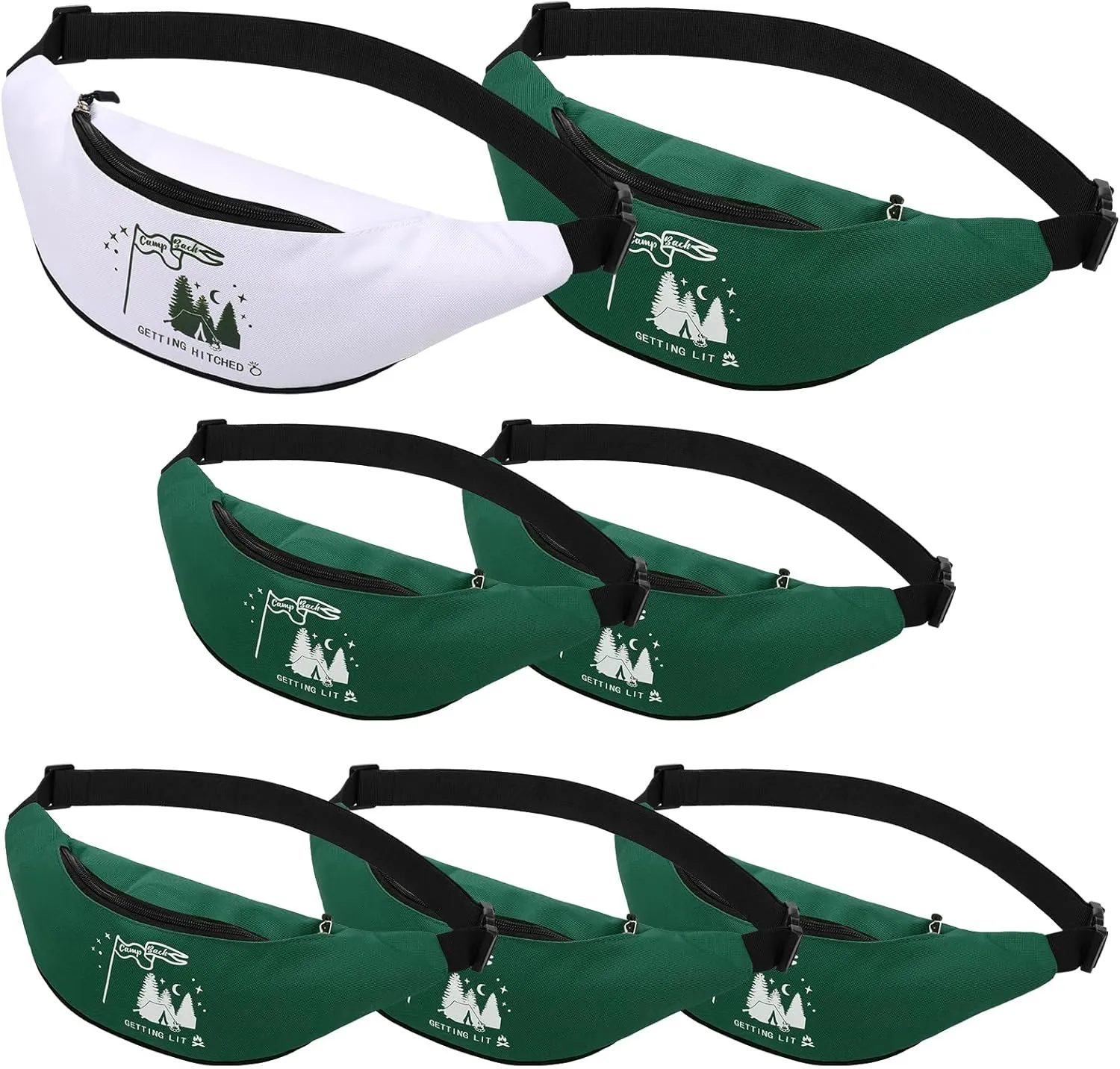 Sweetude 7 Pcs Camp Bachelorette Waist Bags Bride Bridesmaid Proposal Present Adjustable Waist Bags for Bridal Shower (White, Green,Camp Bach)