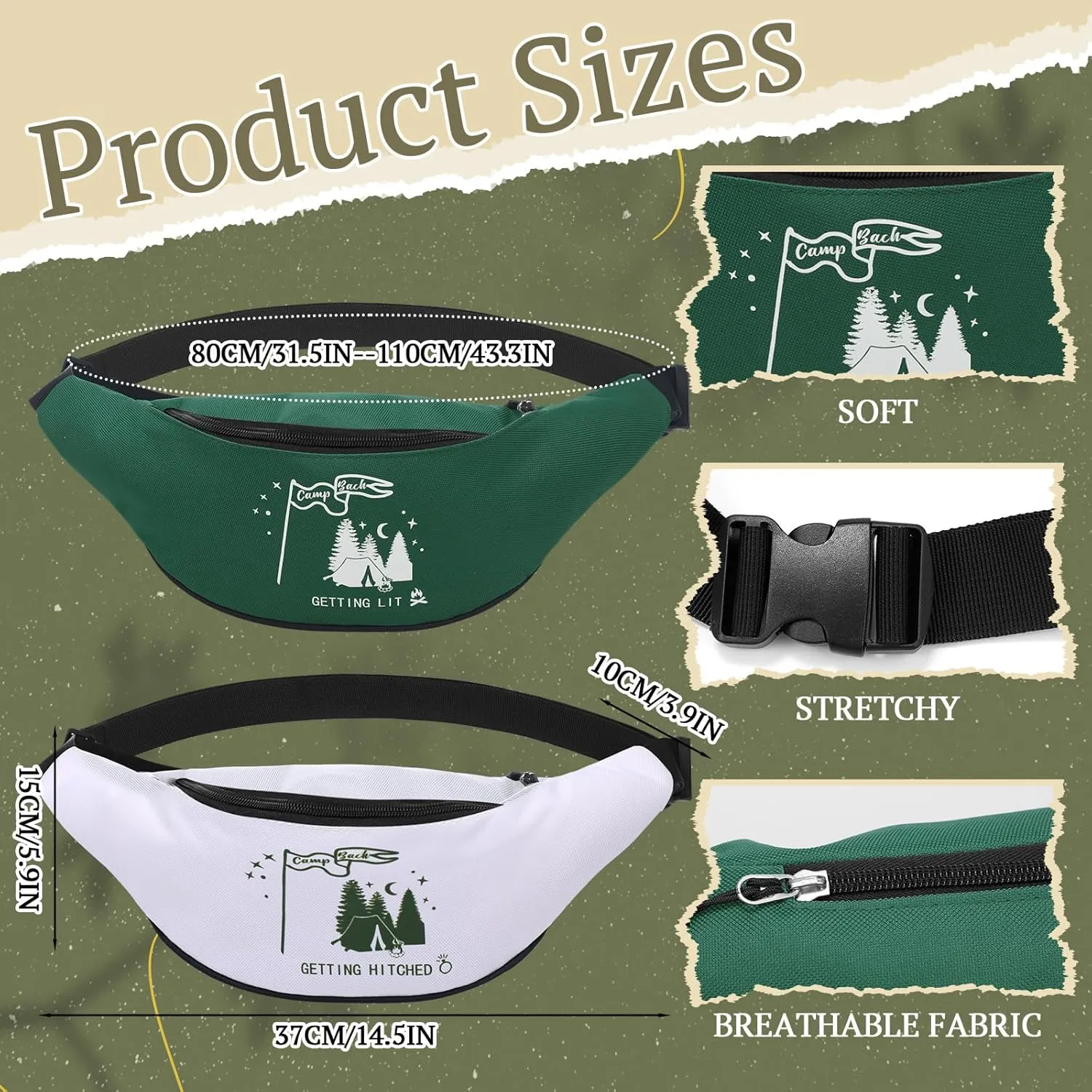 Sweetude 7 Pcs Camp Bachelorette Waist Bags Bride Bridesmaid Proposal Present Adjustable Waist Bags for Bridal Shower (White, Green,Camp Bach)