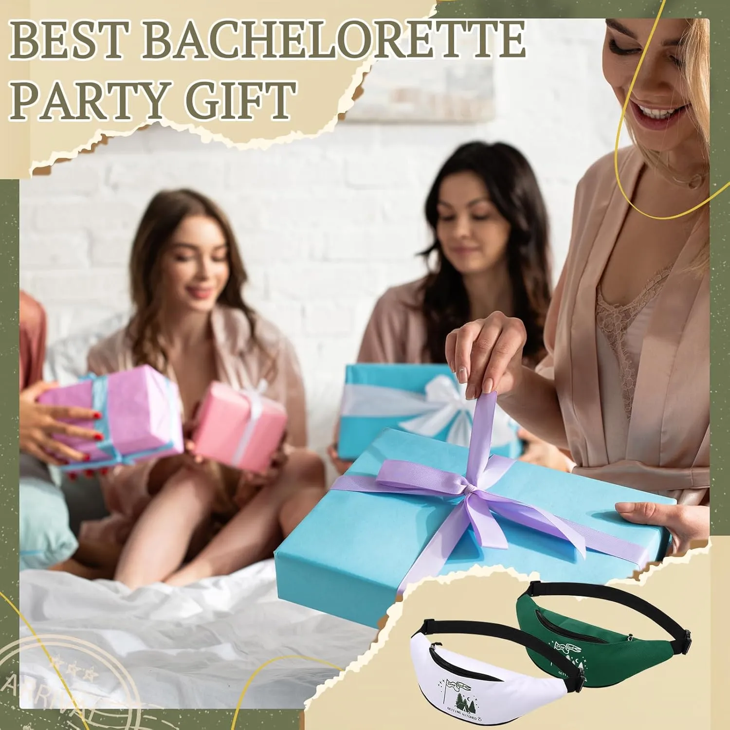 Sweetude 7 Pcs Camp Bachelorette Waist Bags Bride Bridesmaid Proposal Present Adjustable Waist Bags for Bridal Shower (White, Green,Camp Bach)