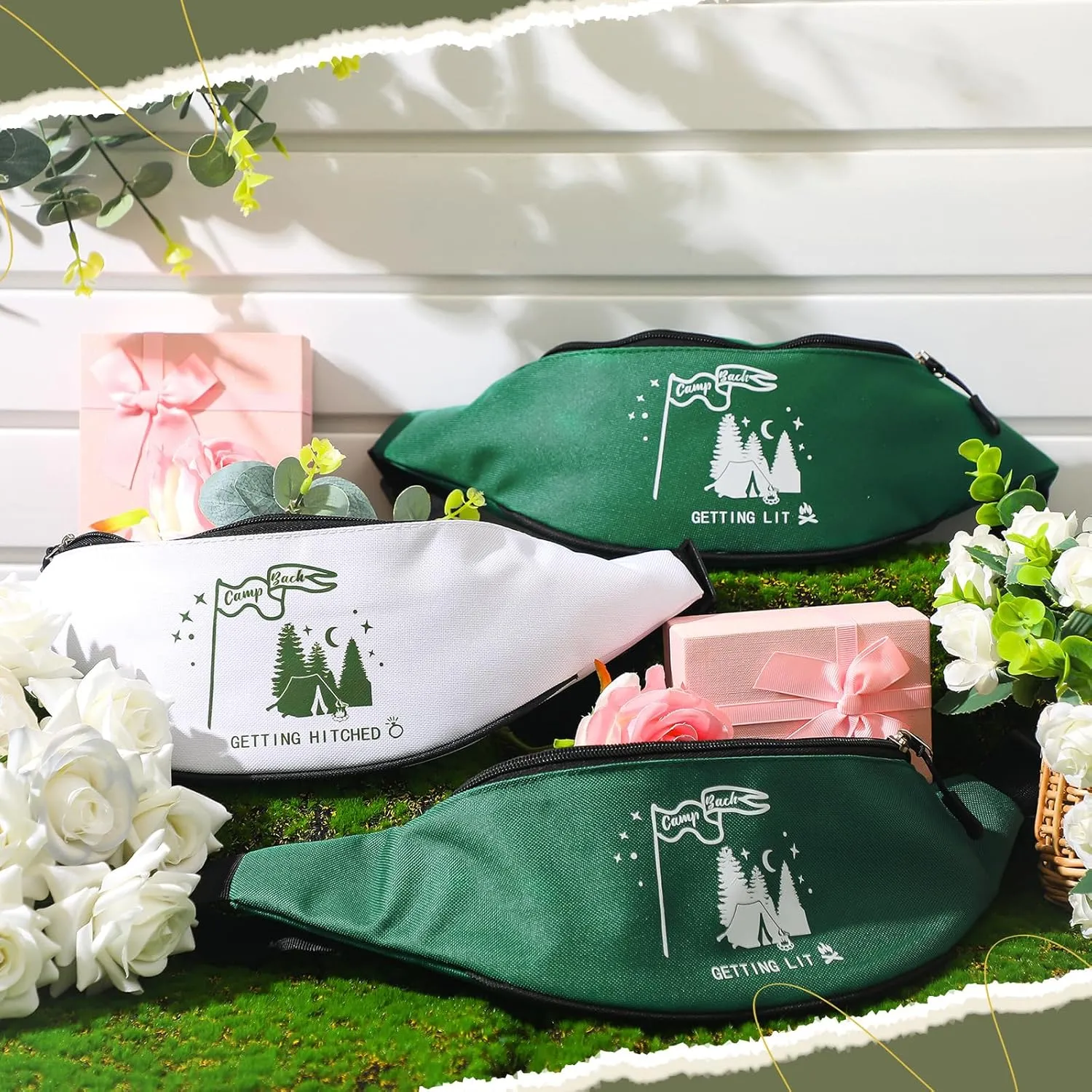 Sweetude 7 Pcs Camp Bachelorette Waist Bags Bride Bridesmaid Proposal Present Adjustable Waist Bags for Bridal Shower (White, Green,Camp Bach)