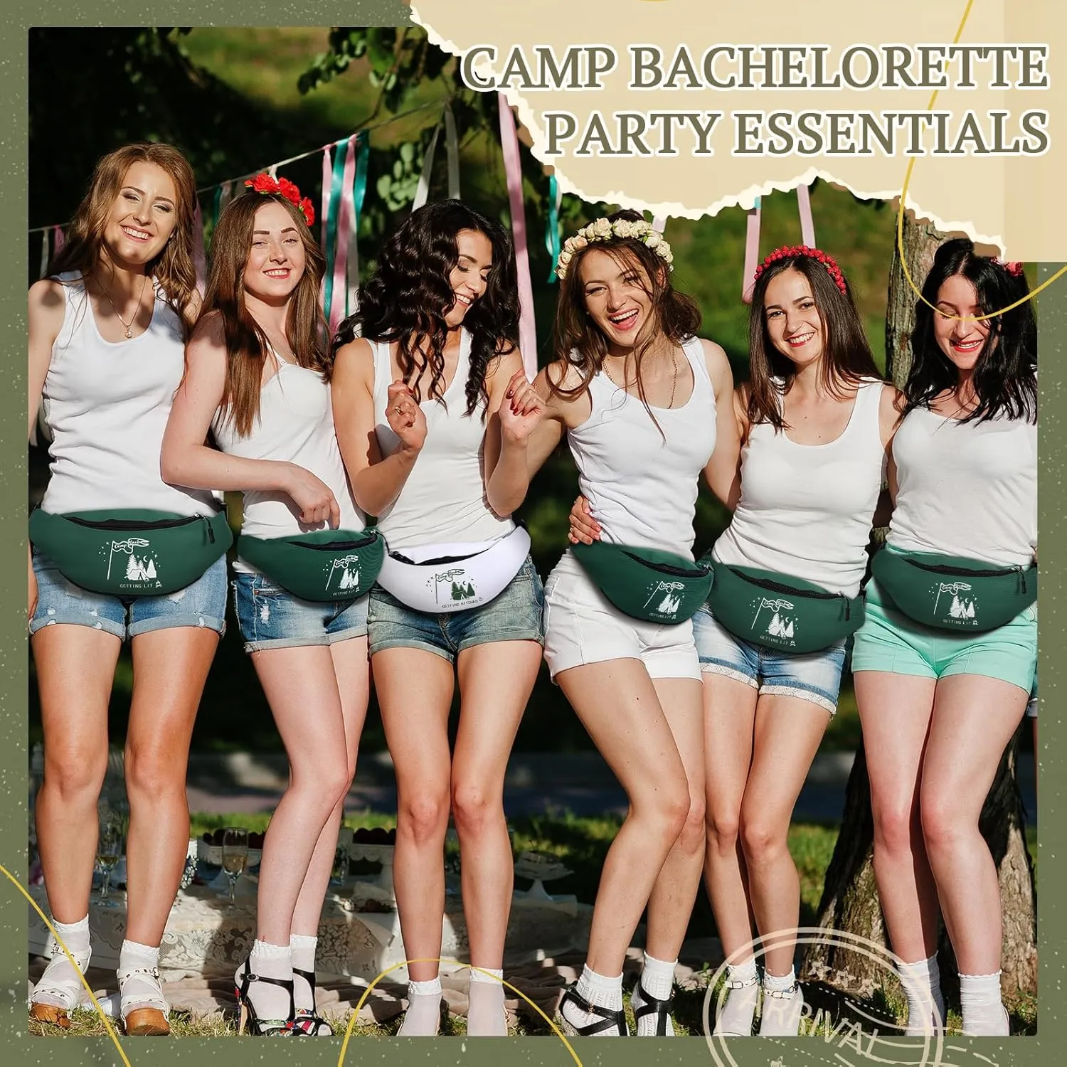 Sweetude 7 Pcs Camp Bachelorette Waist Bags Bride Bridesmaid Proposal Present Adjustable Waist Bags for Bridal Shower (White, Green,Camp Bach)