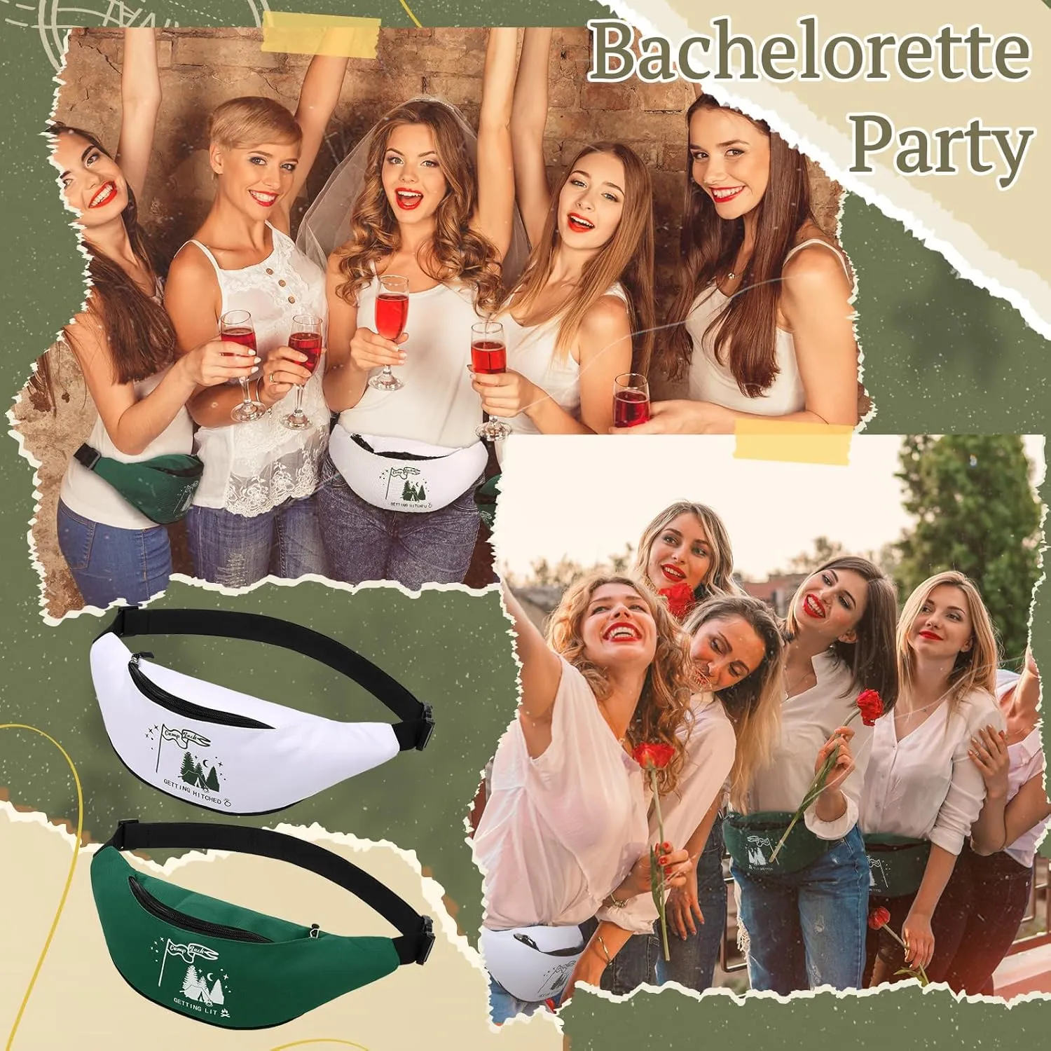 Sweetude 7 Pcs Camp Bachelorette Waist Bags Bride Bridesmaid Proposal Present Adjustable Waist Bags for Bridal Shower (White, Green,Camp Bach)