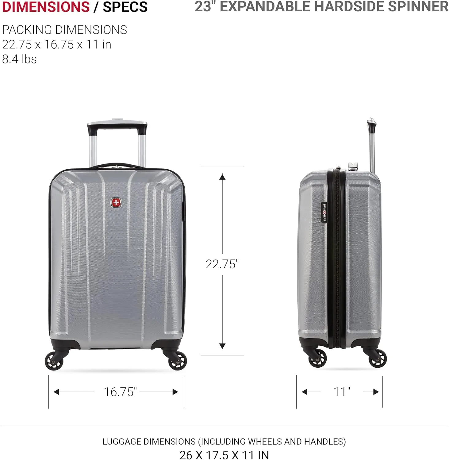 SwissGear 3750 Hardside Luggage with Spinner Wheels, Silver, Checked-Medium 23-Inch