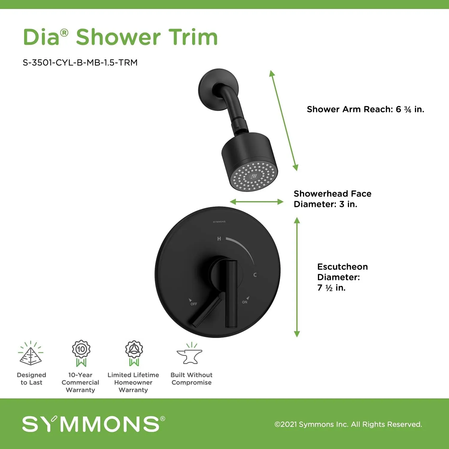 Symmons S-3501-CYL-B-MB-1.5-TRM Dia Single Handle 1-Spray Shower Trim with Secondary Volume Control in Matte Black - 1.5 GPM (Valve Not Included)