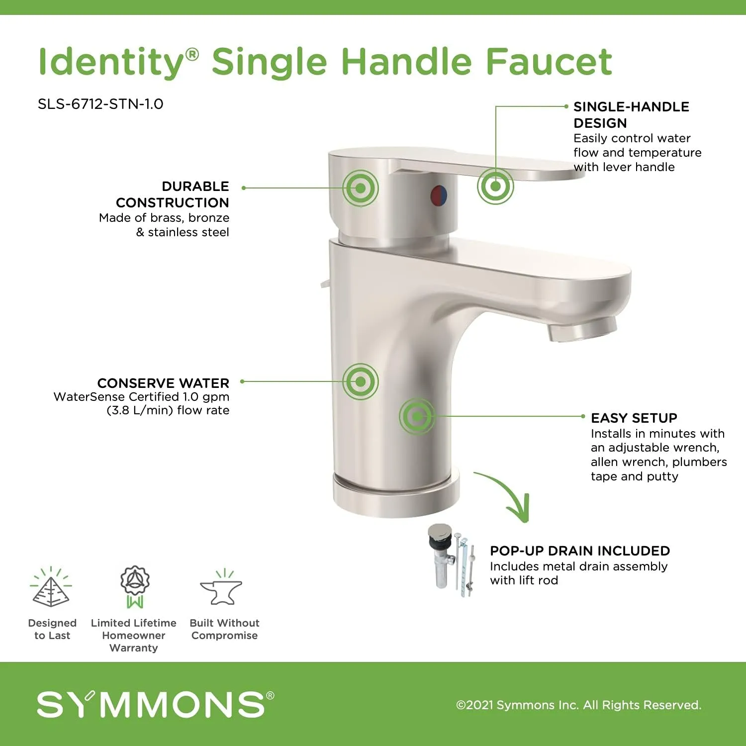 Symmons SLS-6712-STN-1.0 Identity Single Hole Single-Handle Bathroom Faucet with Drain Assembly in Satin Nickel (1.0 GPM)