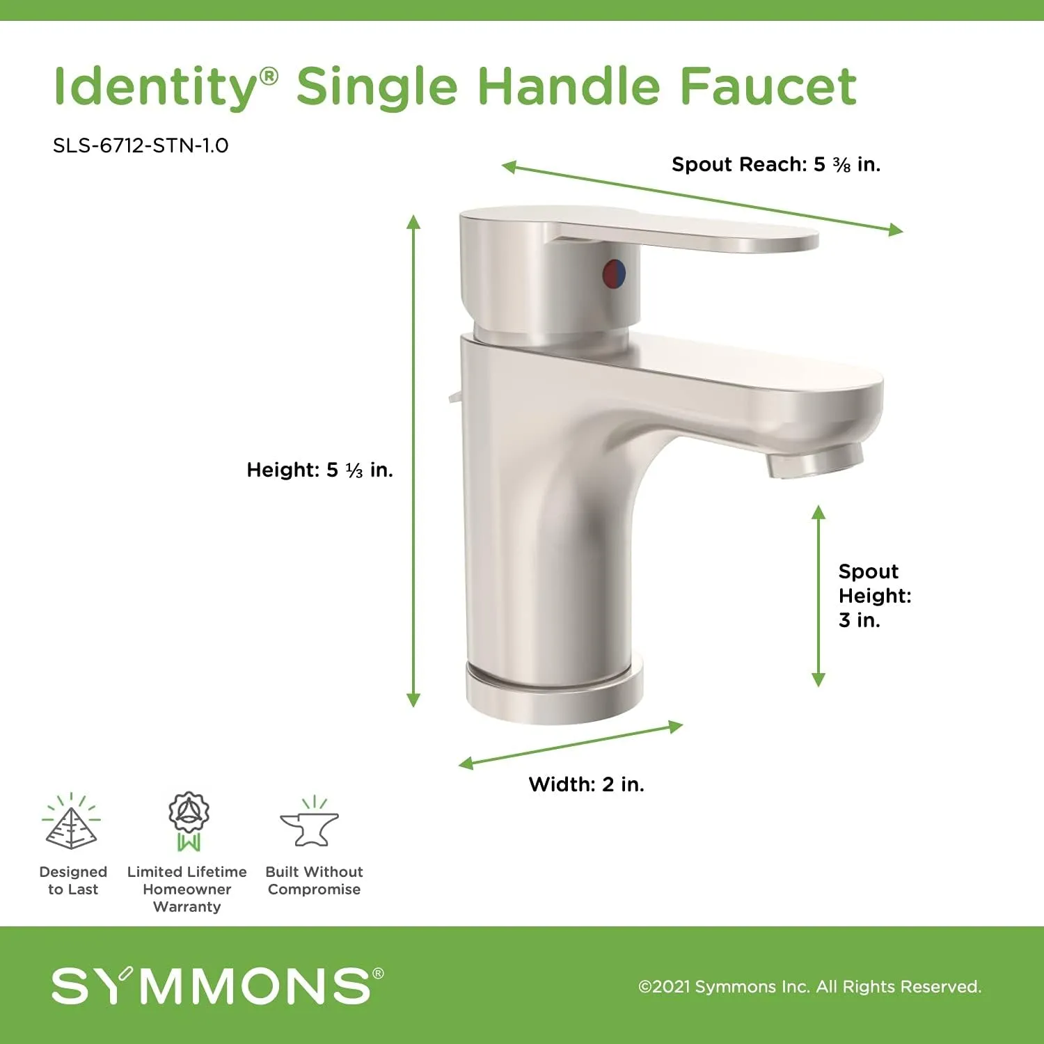 Symmons SLS-6712-STN-1.0 Identity Single Hole Single-Handle Bathroom Faucet with Drain Assembly in Satin Nickel (1.0 GPM)