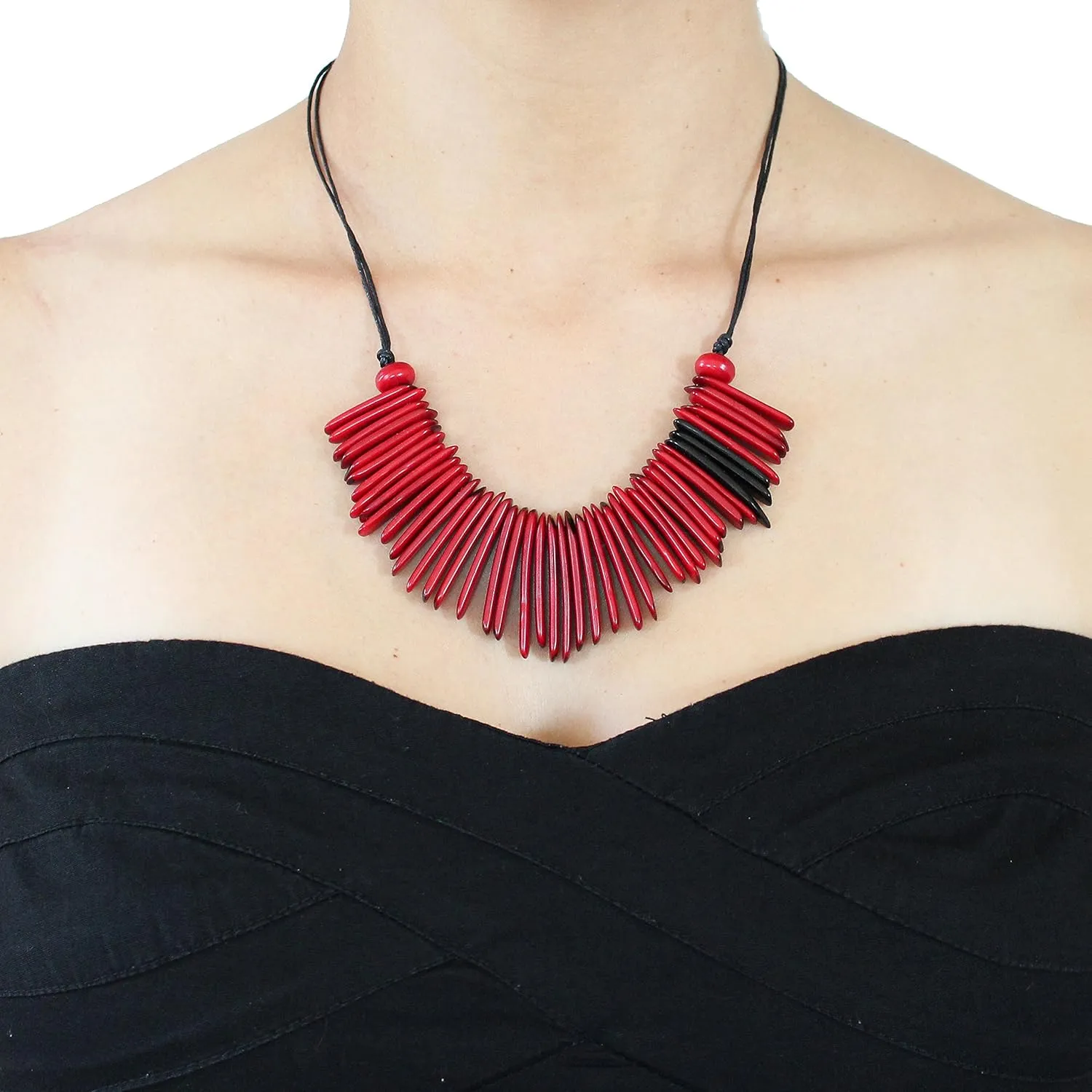 Tagua Necklace Fringe in Red and Black, Adjustable, Handmade Fair Trade, Lightweight by Florama Natural Jewelry