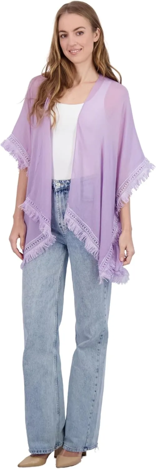 Tahari Women's Lightweight Kimono with Crochet Fringe Trim - Crochet Kimono for Women