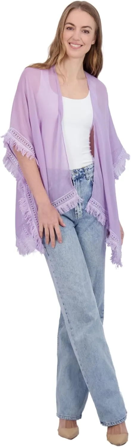Tahari Women's Lightweight Kimono with Crochet Fringe Trim - Crochet Kimono for Women