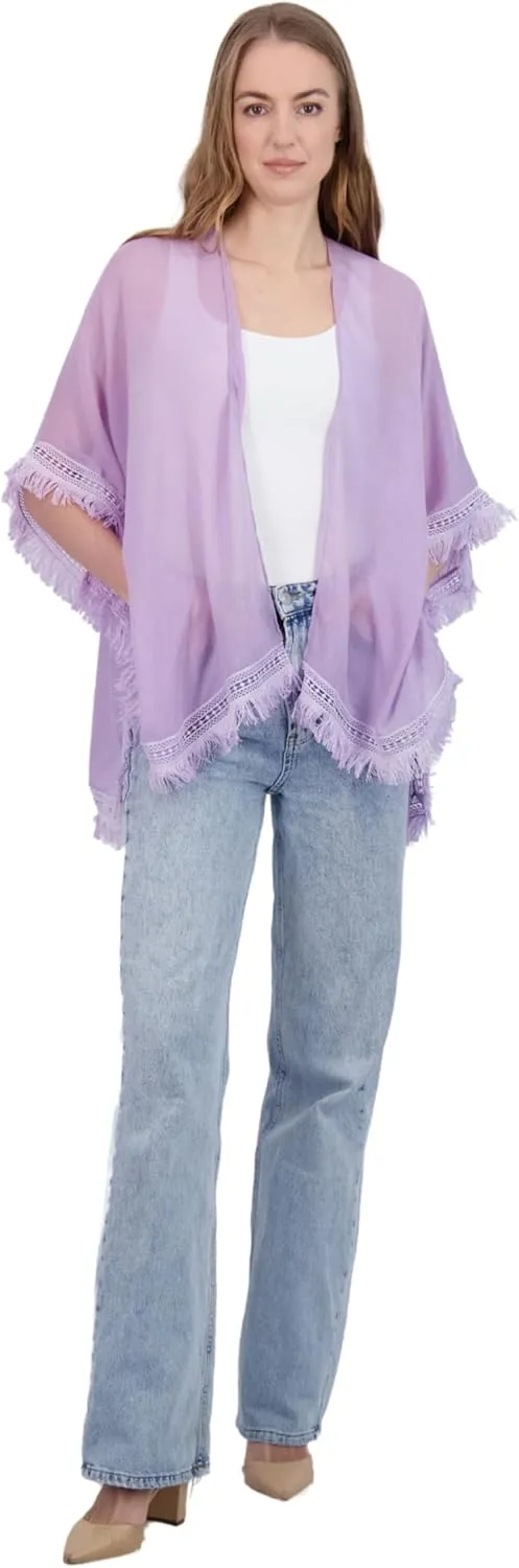 Tahari Women's Lightweight Kimono with Crochet Fringe Trim - Crochet Kimono for Women