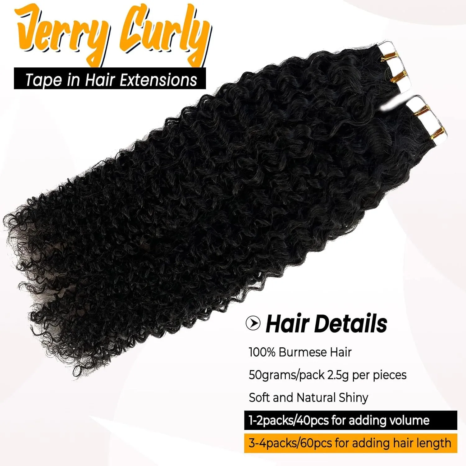 Tape in Hair Extensions Jerry Curly 20 Pieces 50g 24 Inch Natural Black Real Human Hair Extensions Tape ins
