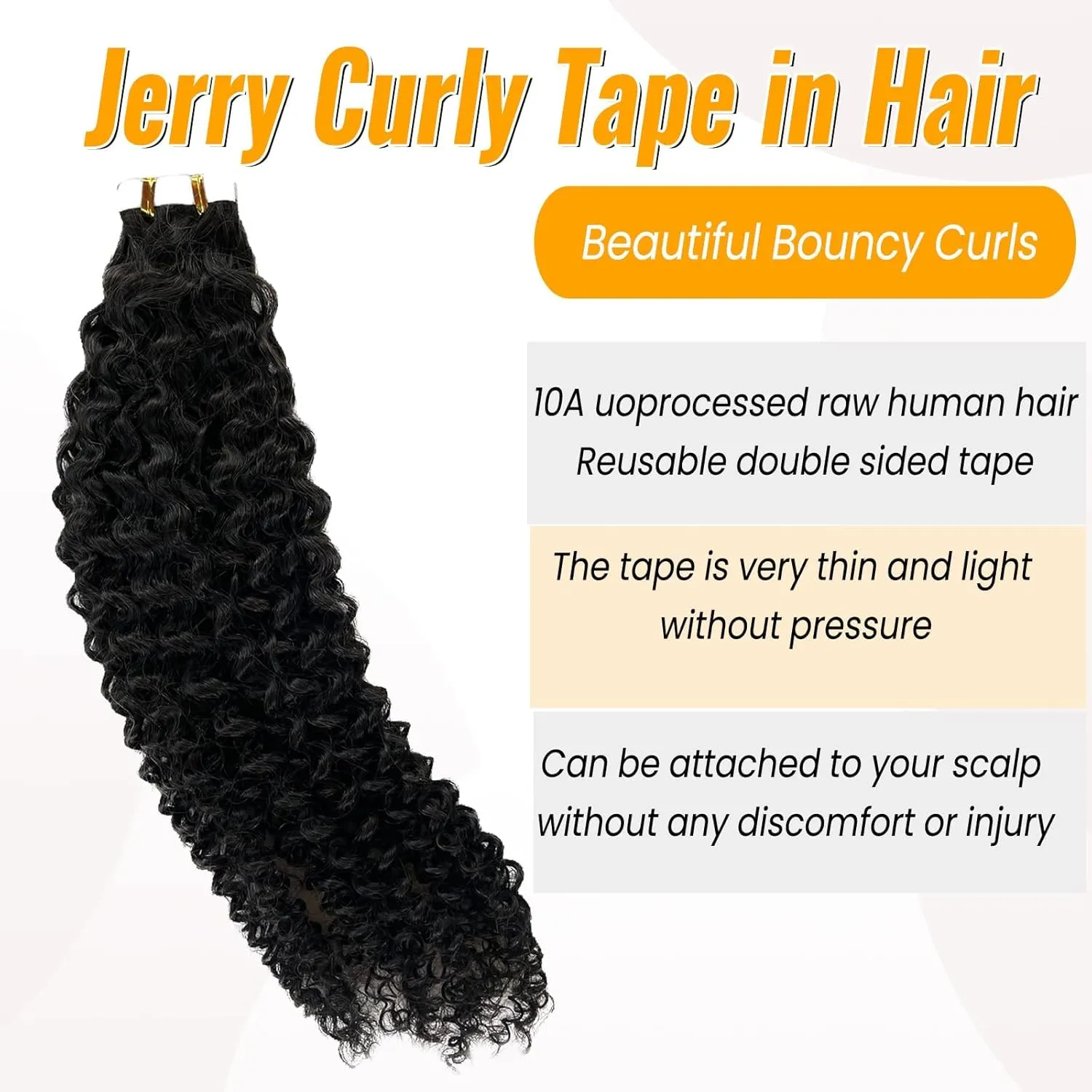 Tape in Hair Extensions Jerry Curly 20 Pieces 50g 24 Inch Natural Black Real Human Hair Extensions Tape ins