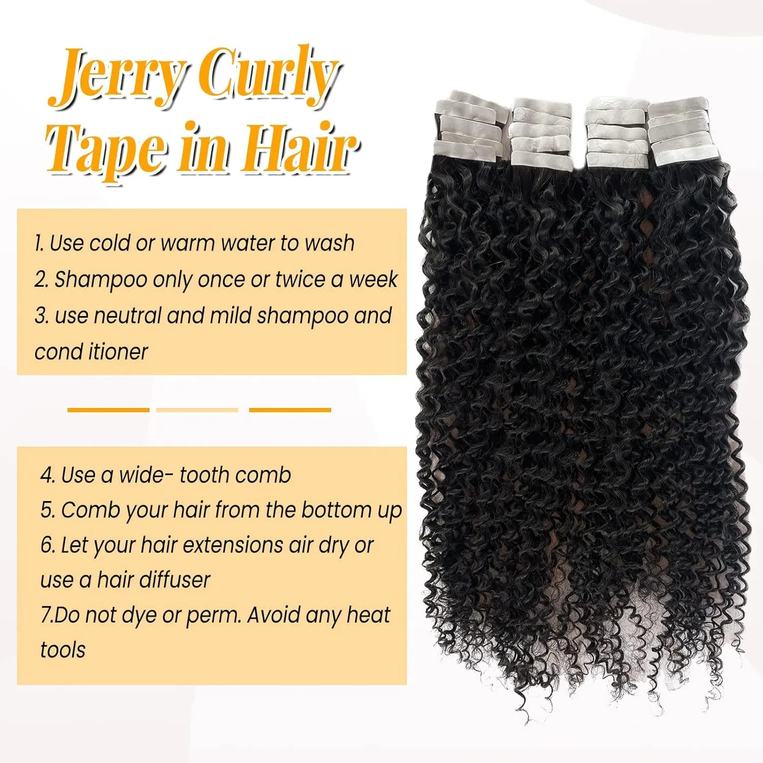 Tape in Hair Extensions Jerry Curly 20 Pieces 50g 24 Inch Natural Black Real Human Hair Extensions Tape ins