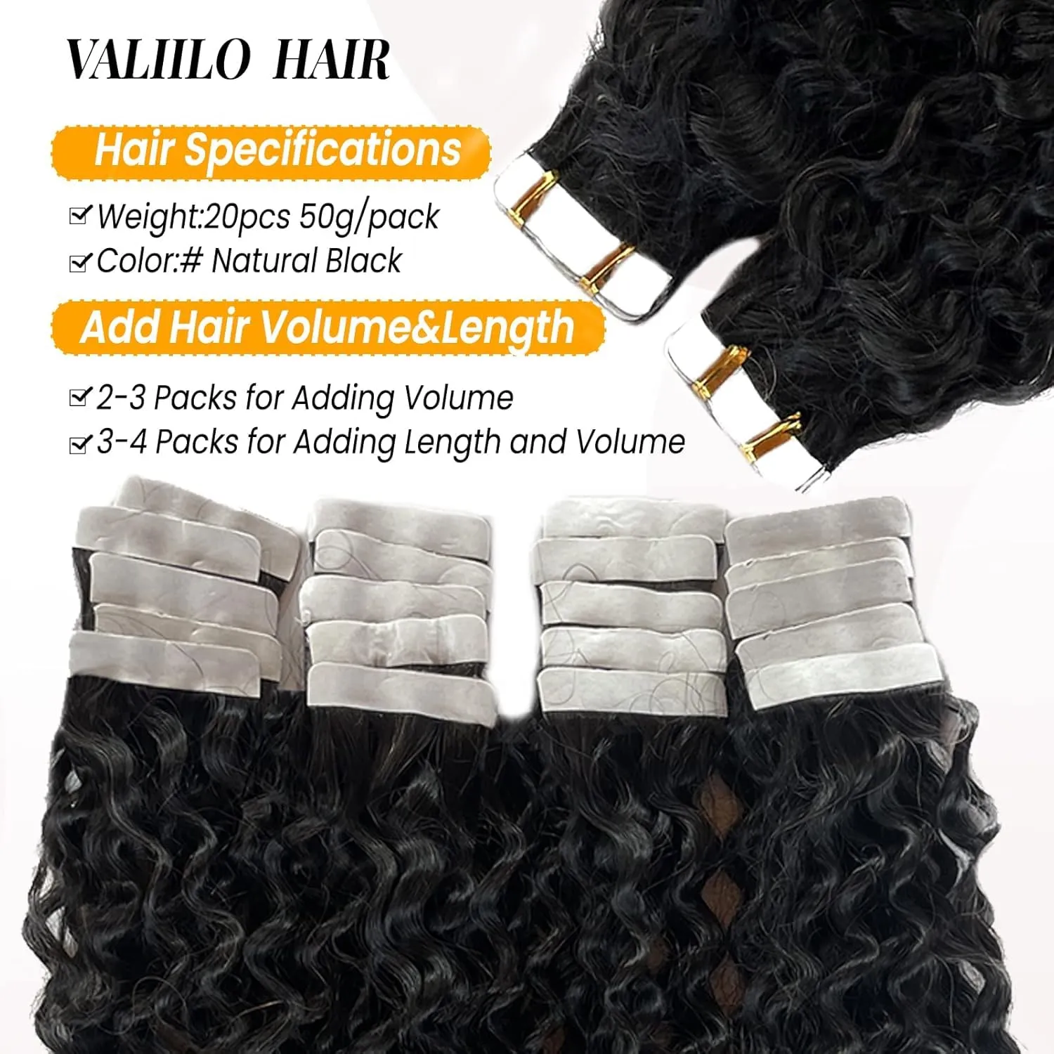 Tape in Hair Extensions Jerry Curly 20 Pieces 50g 24 Inch Natural Black Real Human Hair Extensions Tape ins