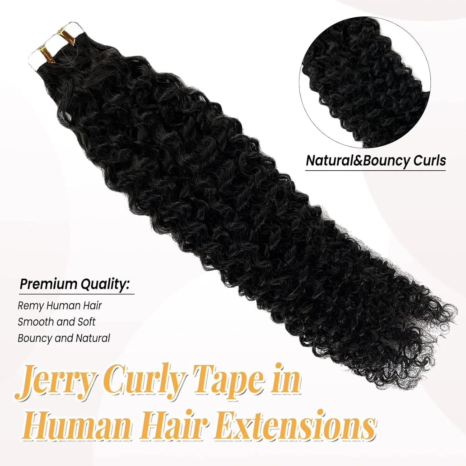 Tape in Hair Extensions Jerry Curly 20 Pieces 50g 24 Inch Natural Black Real Human Hair Extensions Tape ins