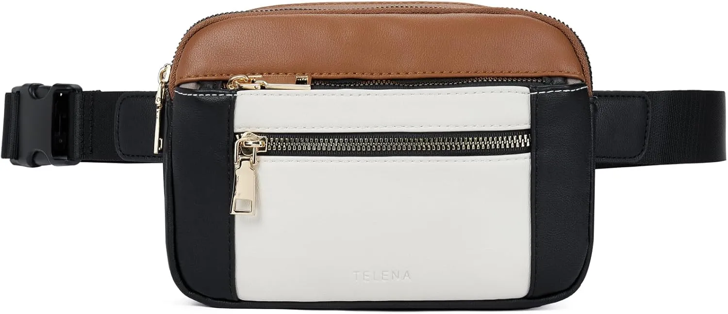 Telena Fanny Packs for Women Cross Body Leather Belt Bag Fashionable with Adjustable Strap Black Brown with Beige