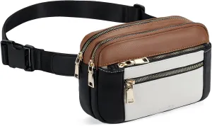 Telena Fanny Packs for Women Cross Body Leather Belt Bag Fashionable with Adjustable Strap Black Brown with Beige