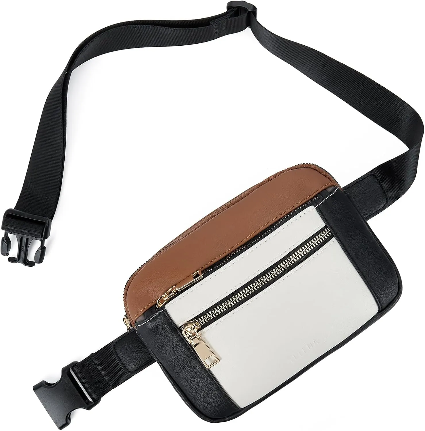 Telena Fanny Packs for Women Cross Body Leather Belt Bag Fashionable with Adjustable Strap Black Brown with Beige