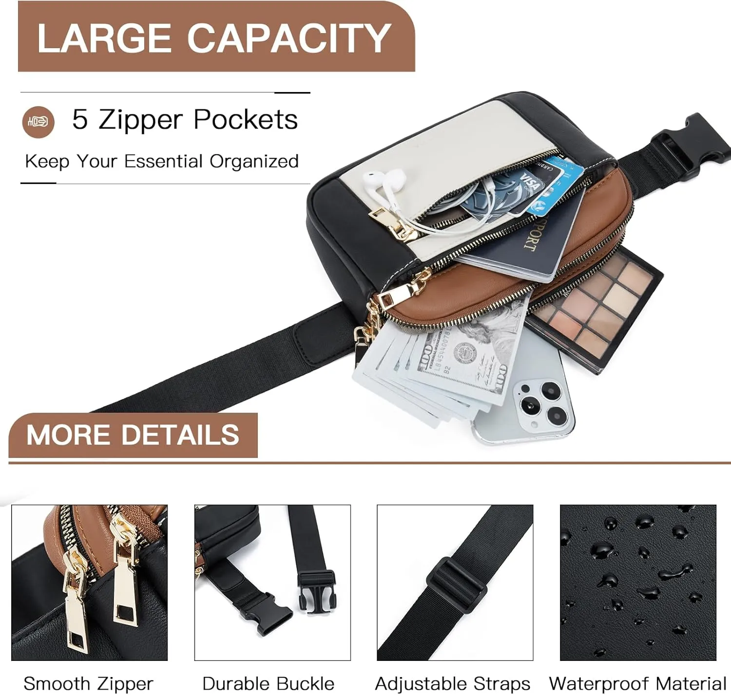 Telena Fanny Packs for Women Cross Body Leather Belt Bag Fashionable with Adjustable Strap Black Brown with Beige