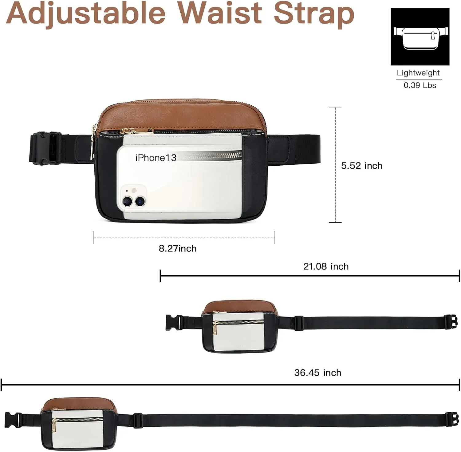Telena Fanny Packs for Women Cross Body Leather Belt Bag Fashionable with Adjustable Strap Black Brown with Beige