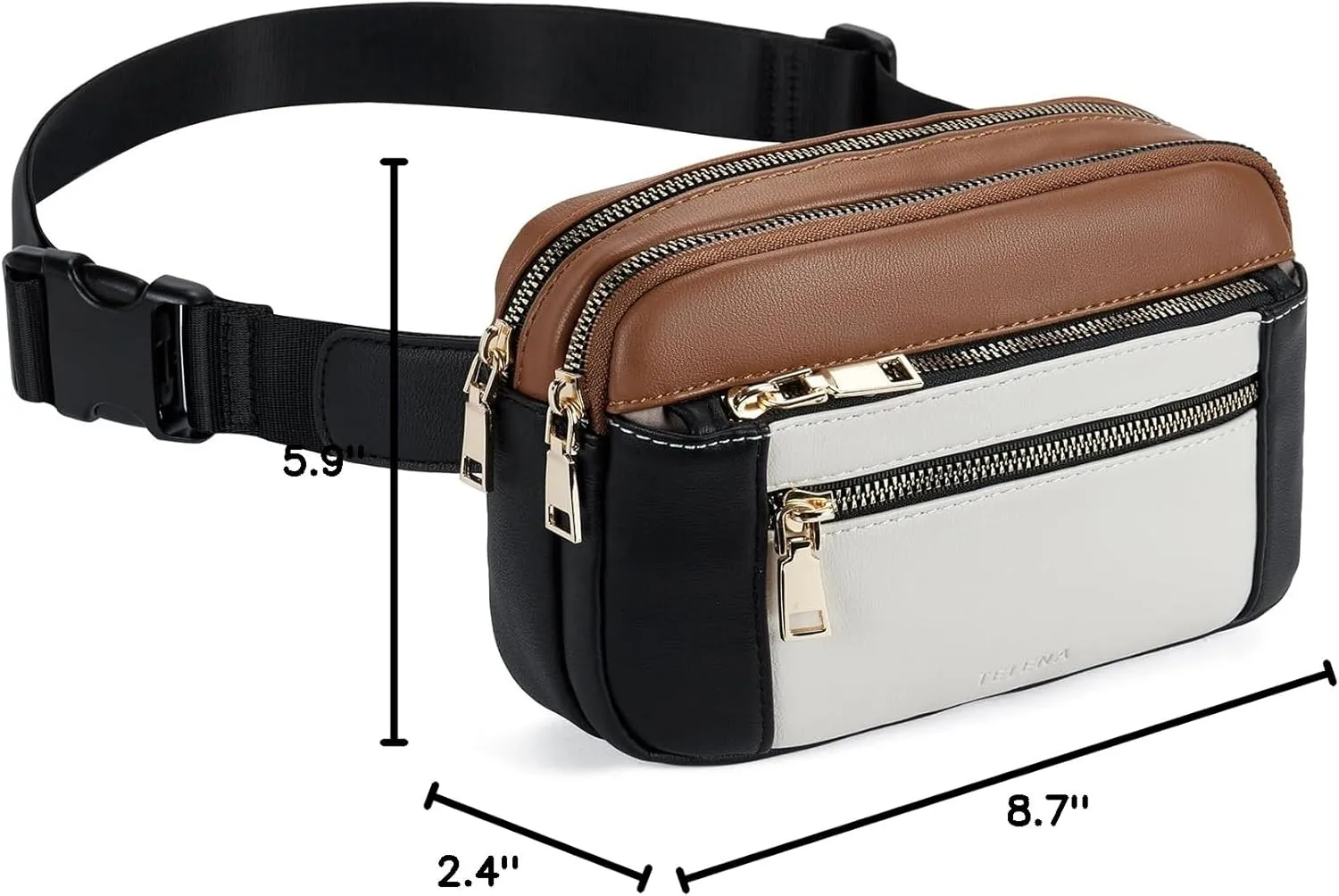 Telena Fanny Packs for Women Cross Body Leather Belt Bag Fashionable with Adjustable Strap Black Brown with Beige