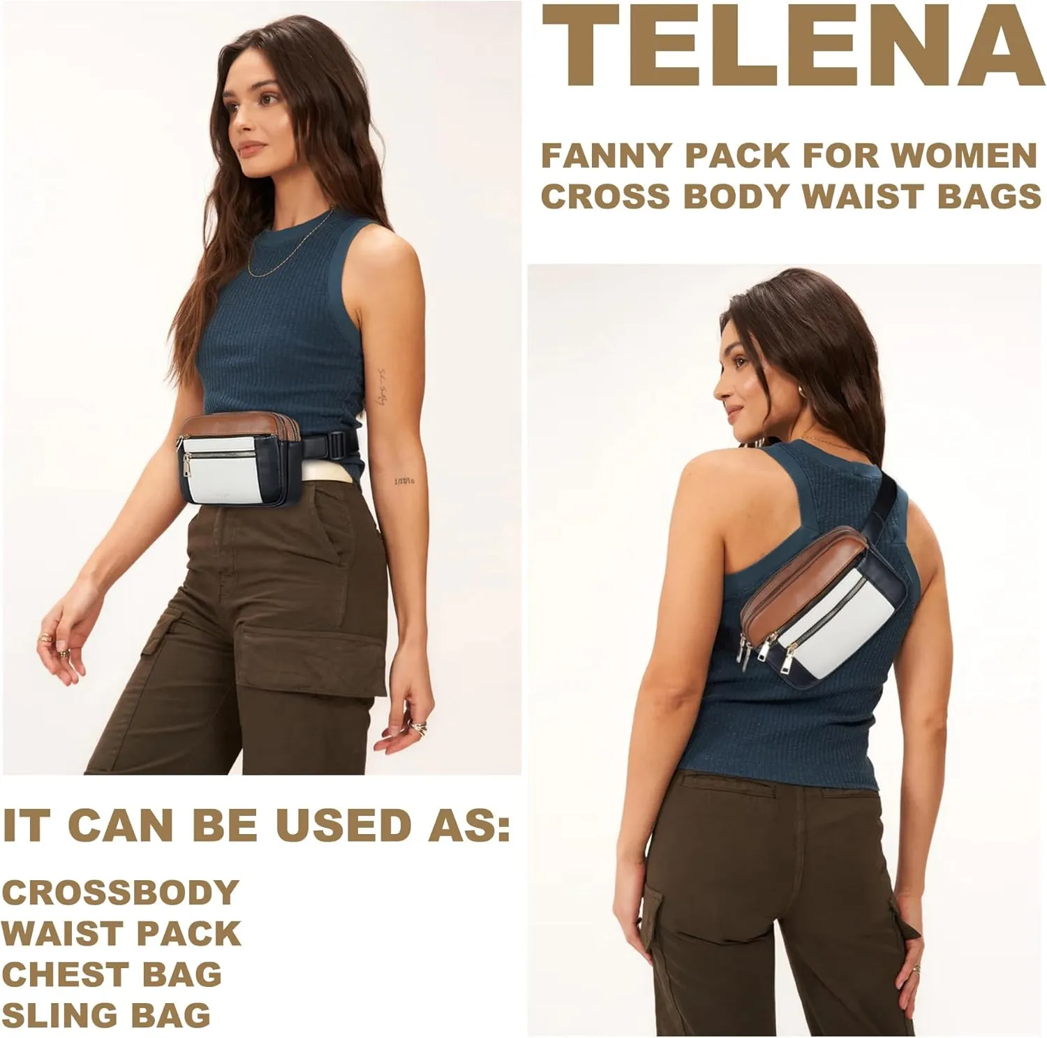 Telena Fanny Packs for Women Cross Body Leather Belt Bag Fashionable with Adjustable Strap Black Brown with Beige