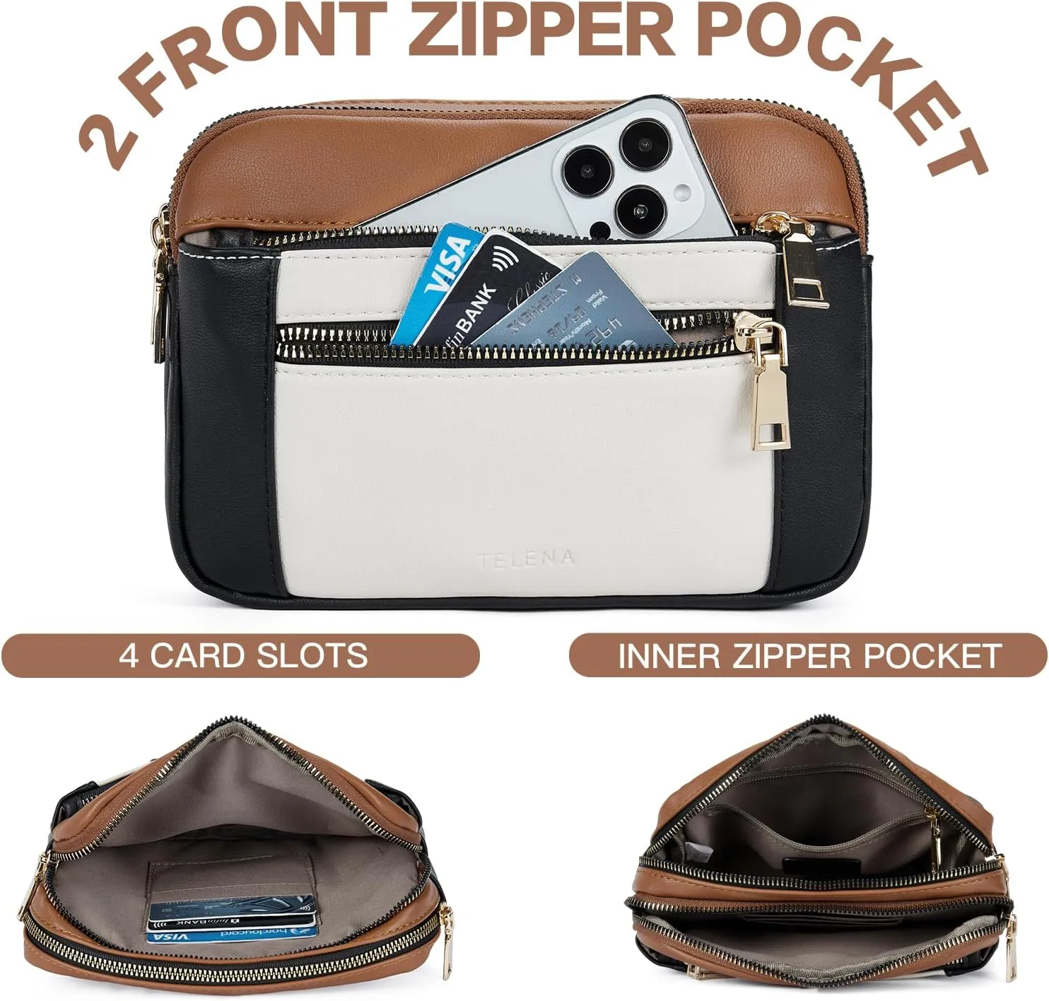 Telena Fanny Packs for Women Cross Body Leather Belt Bag Fashionable with Adjustable Strap Black Brown with Beige
