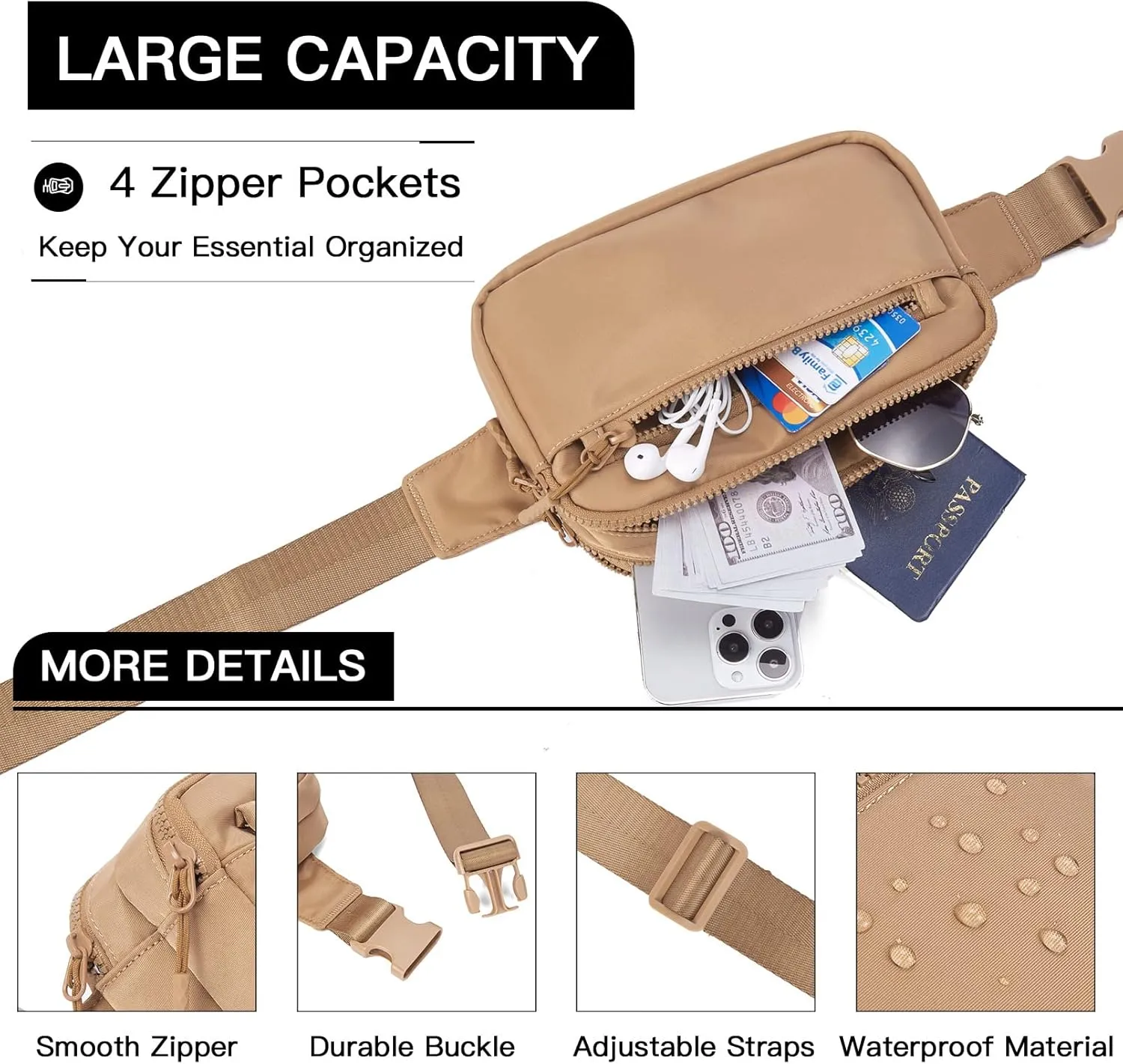 Telena Fanny Packs for Women Men Fashionable Cross Body Fanny Pack Belt Bag for Women with Adjustable Straps Light Brown